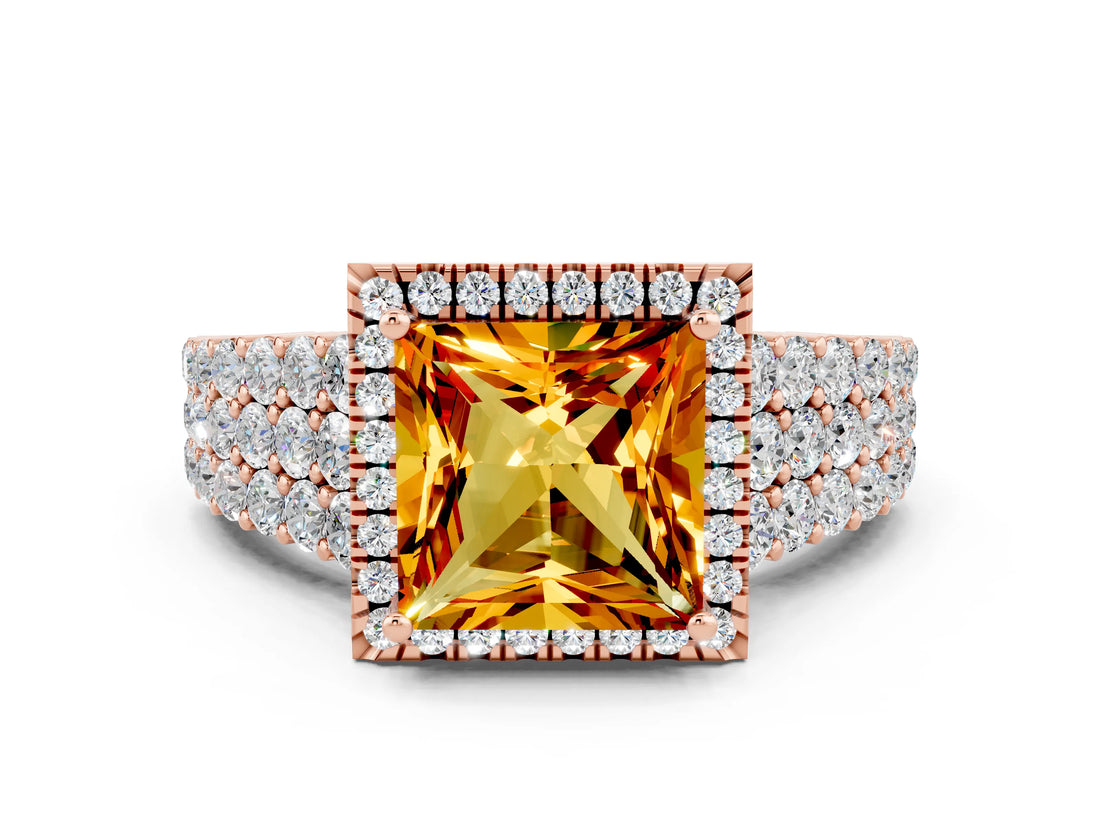Rose gold Princess Cut Halo Pavé Diamond Engagement Ring with Split Shank and Four-Prong Setting