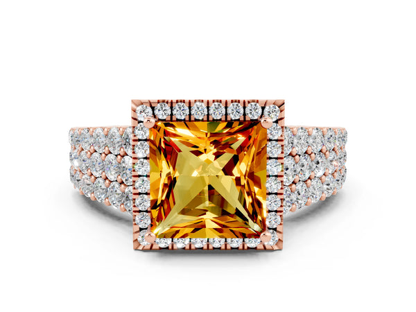 Rose gold Princess Cut Citrine Halo Engagement Ring with Triple Row Round Pavé Band and Prong Setting