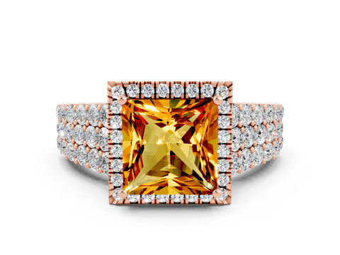 Rose gold Princess Cut Halo Pavé Diamond Engagement Ring with Split Shank and Four-Prong Setting