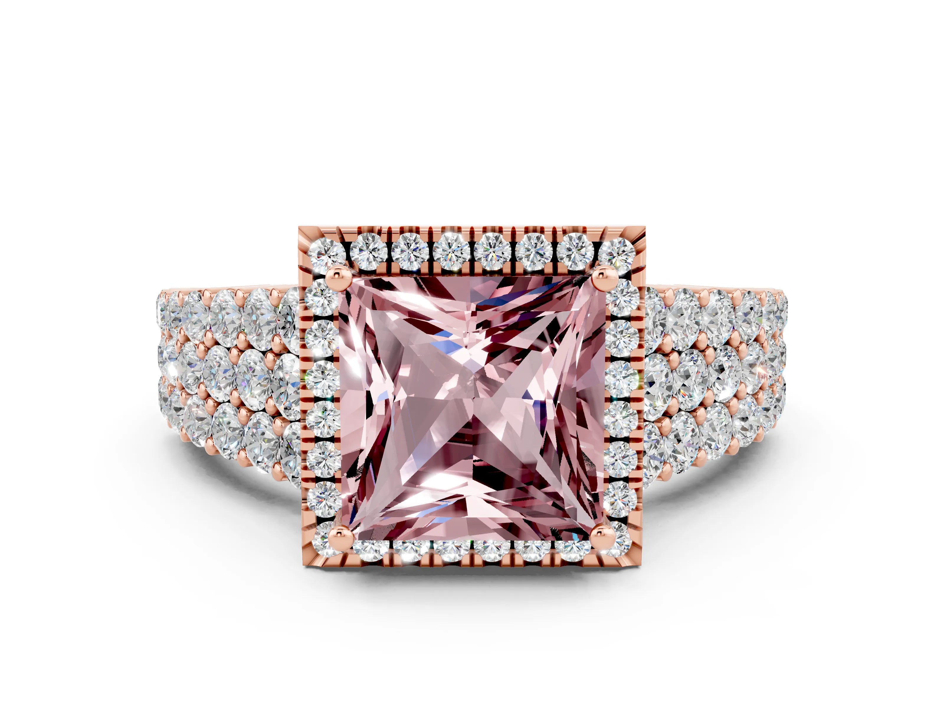 Rose gold Princess Cut Halo Pavé Diamond Engagement Ring with Split Shank and Four-Prong Setting