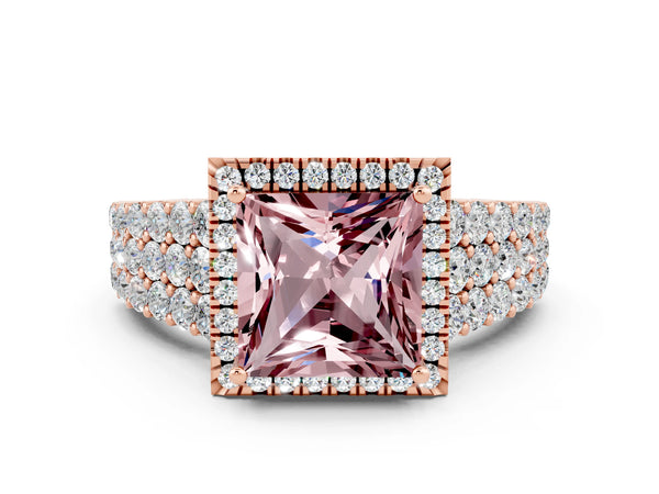 Rose gold Princess Cut Halo Pavé Diamond Engagement Ring with Split Shank and Four-Prong Setting
