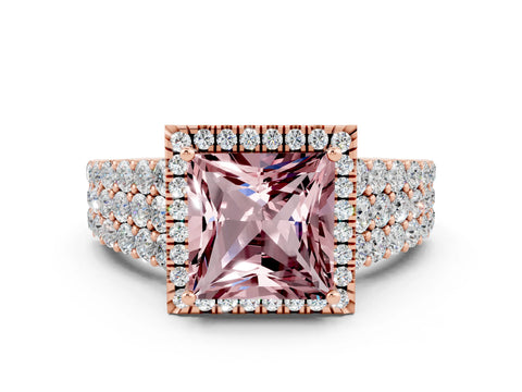 Rose gold Princess Cut Halo Pavé Diamond Engagement Ring with Split Shank and Four-Prong Setting