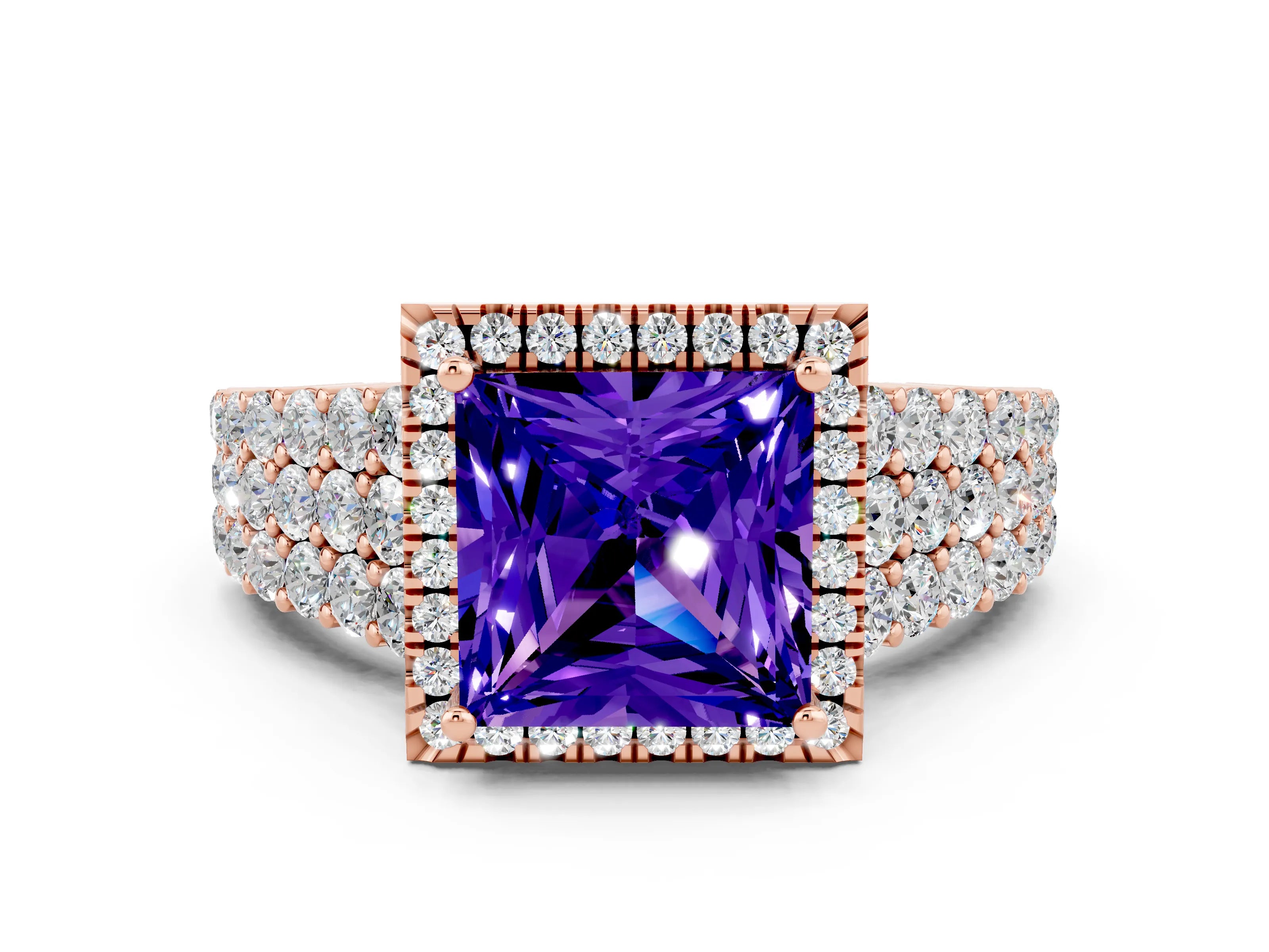 Rose gold Princess Cut Halo Pavé Diamond Engagement Ring with Split Shank and Four-Prong Setting