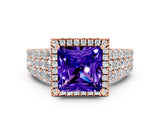 Rose gold Princess Cut Halo Pavé Diamond Engagement Ring with Split Shank and Four-Prong Setting