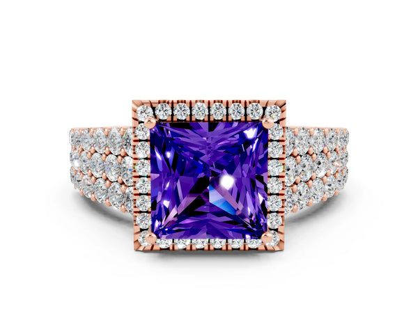 Rose gold Princess Cut Tanzanite Halo Engagement Ring with Triple Row Round Pavé Band and Prong Setting