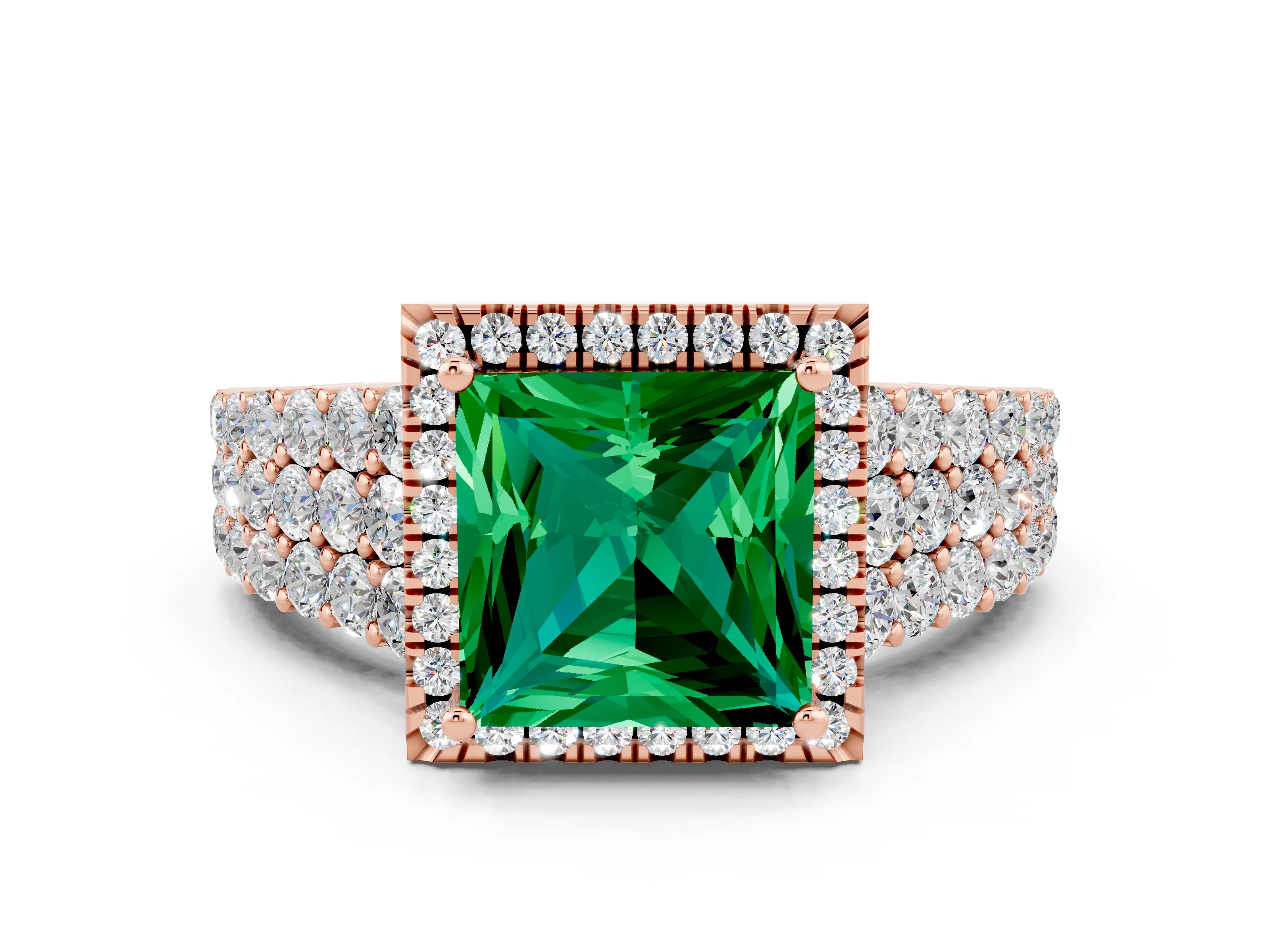 Rose gold Princess Cut Halo Pavé Diamond Engagement Ring with Split Shank and Four-Prong Setting