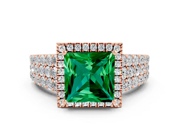 Rose gold Princess Cut Emerald Halo Engagement Ring with Triple Row Round Pavé Band and Prong Setting
