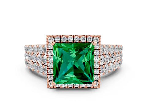 Rose gold Princess Cut Halo Pavé Diamond Engagement Ring with Split Shank and Four-Prong Setting