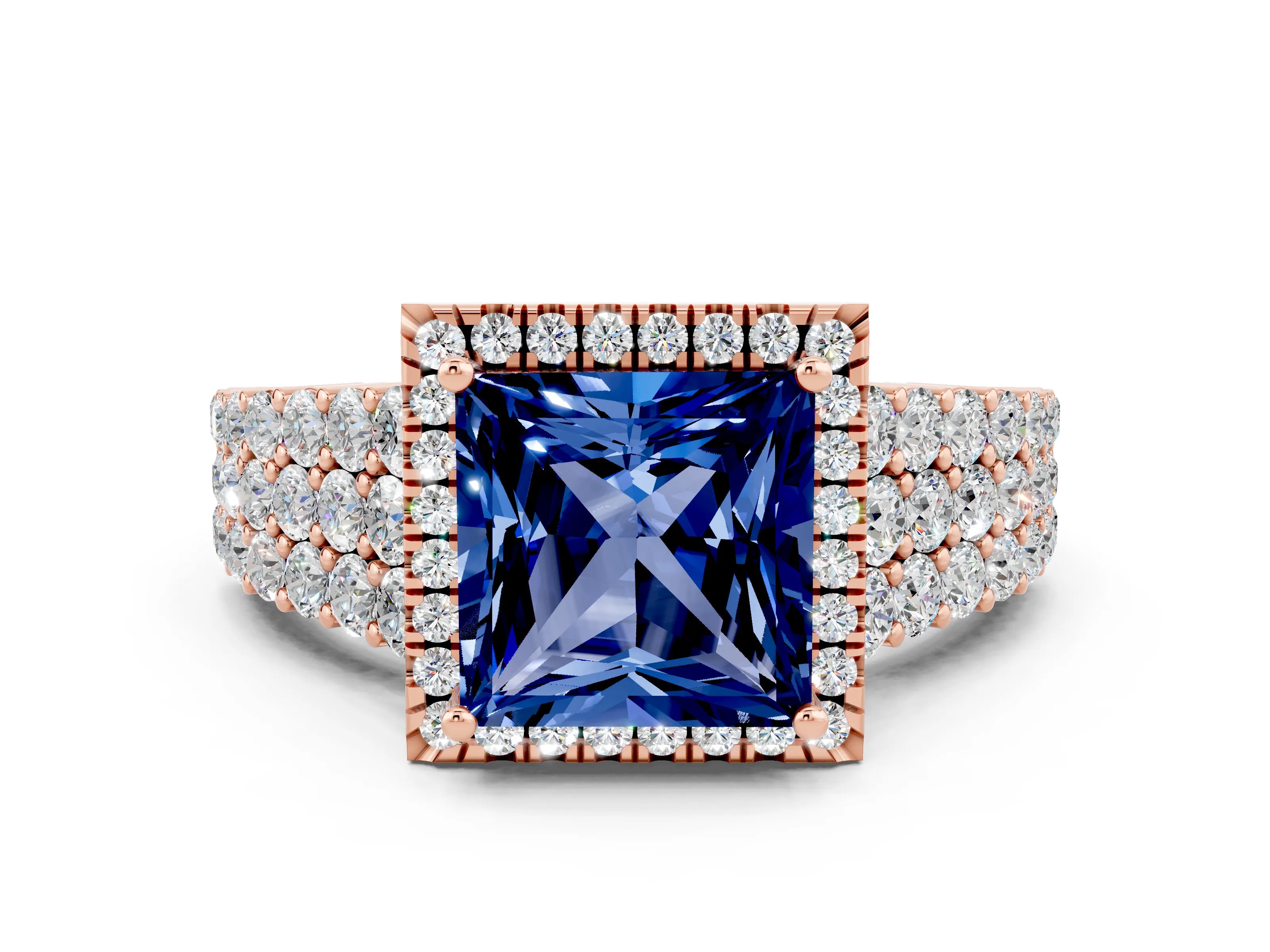 Rose gold Princess Cut Halo Pavé Diamond Engagement Ring with Split Shank and Four-Prong Setting