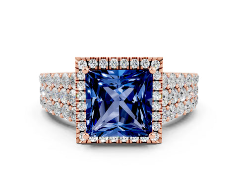 Rose gold Princess Cut Halo Pavé Diamond Engagement Ring with Split Shank and Four-Prong Setting