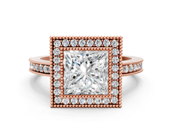Rose Gold Princess Cut Double Milgrain Halo Engagement Ring Setting