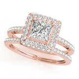 Rose gold Princess Cut Halo Pavé Solitaire Ring with Four-Prong Setting 1