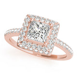 Rose gold Princess Cut Halo Pavé Solitaire Ring with Four-Prong Setting