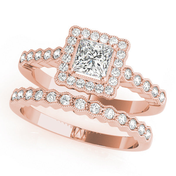 Rose gold Princess Cut Halo Pavé Solitaire Ring with Milgrain Band 1