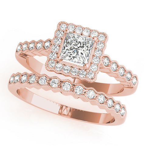 Rose gold Princess Cut Halo Pavé Solitaire Ring with Milgrain Band 1