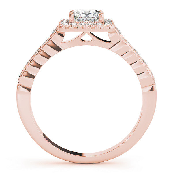 Rose gold Princess Cut Halo Pavé Solitaire Ring with Milgrain Band 2