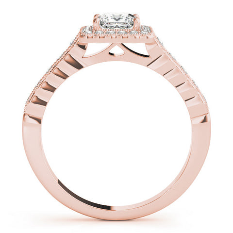 Rose gold Princess Cut Halo Pavé Solitaire Ring with Milgrain Band 2