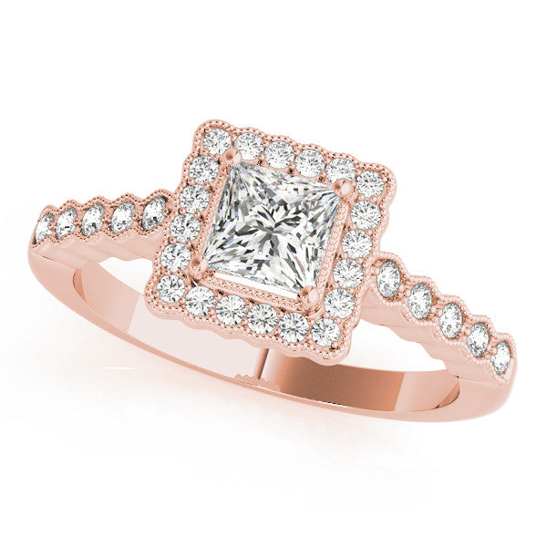 Rose gold Princess Cut Halo Pavé Solitaire Ring with Milgrain Band