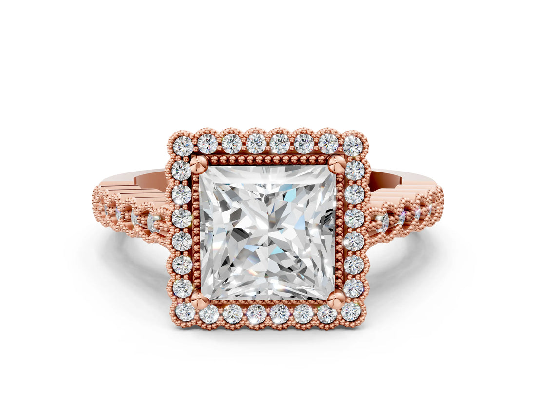 Rose gold Princess Cut Halo Pavé Solitaire Ring with Milgrain Band_3