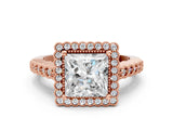 Rose gold Princess Cut Halo Pavé Solitaire Ring with Milgrain Band_3