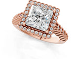 Rose gold Princess Cut Halo Pavé Solitaire Ring with Milgrain Band_4