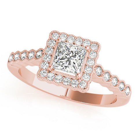 Rose gold Princess Cut Halo Pavé Solitaire Ring with Milgrain Band