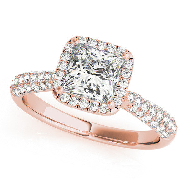 Rose gold Princess Cut Halo Pave Band Four-Prong Setting Ring