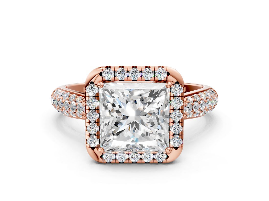 Rose gold Princess Cut Halo Pave Band Four-Prong Setting Ring_22