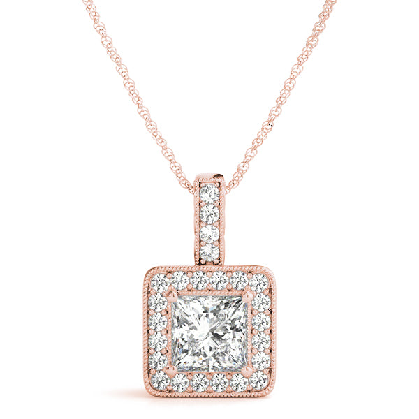 Rose gold Princess Cut Halo Pendant with Four-Prong Setting