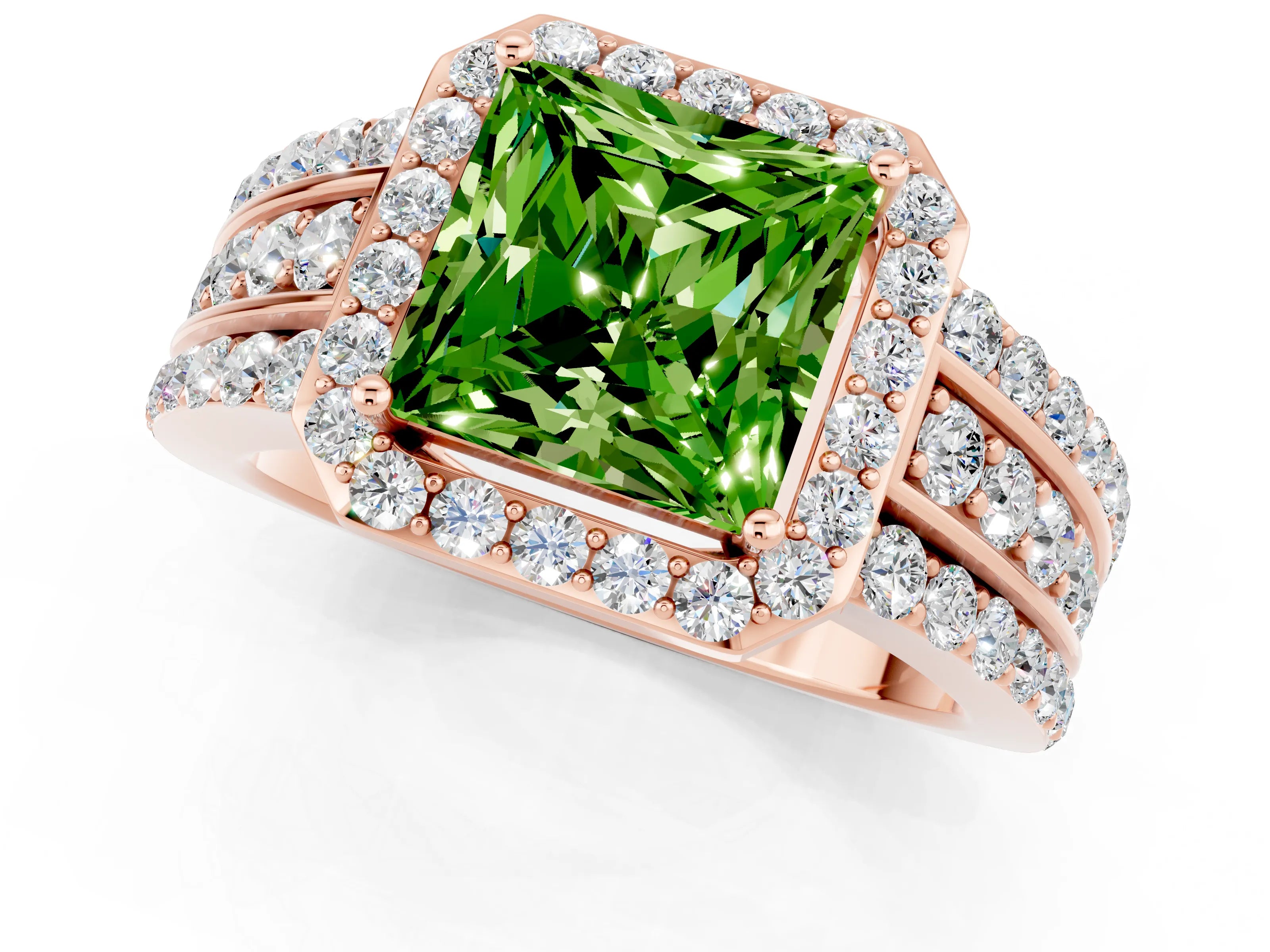 Rose gold Princess Cut Halo Peridot Ring with Split Shank and Four-Prong Setting_1
