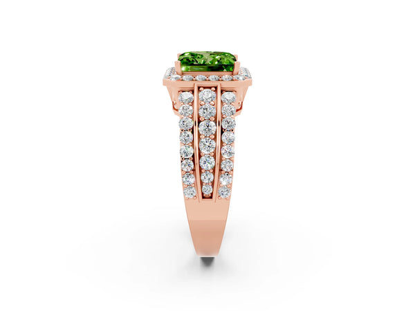 Rose gold Princess Cut Halo Peridot Ring with Round  Split Shank and Prong Setting