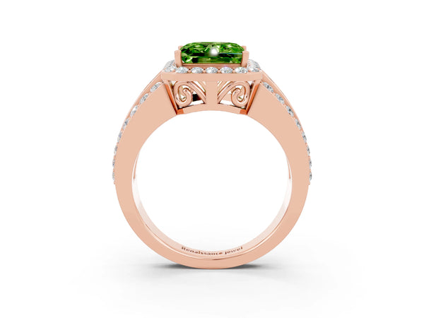 Rose gold Princess Cut Halo Peridot Ring with Round  Split Shank and Prong Setting