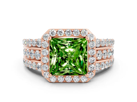 Rose gold Princess Cut Halo Peridot Ring with Split Shank and Four-Prong Setting