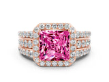 Rose gold Princess Cut Halo Pink Sapphire Ring with Split Shank and Four-Prong Setting_24