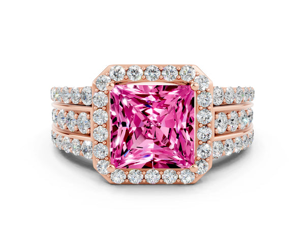 Rose gold Princess Cut Halo Pink Sapphire Ring with Round  Split Shank and Prong Setting
