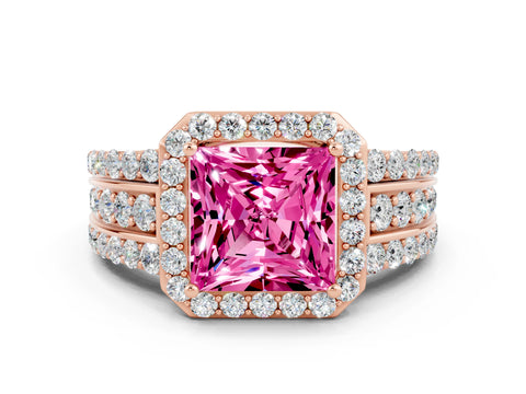 Rose gold Princess Cut Halo Pink Sapphire Ring with Split Shank and Four-Prong Setting_24