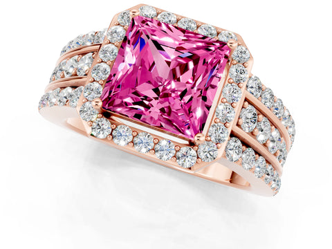 Rose gold Princess Cut Halo Pink Sapphire Ring with Split Shank and Four-Prong Setting_25