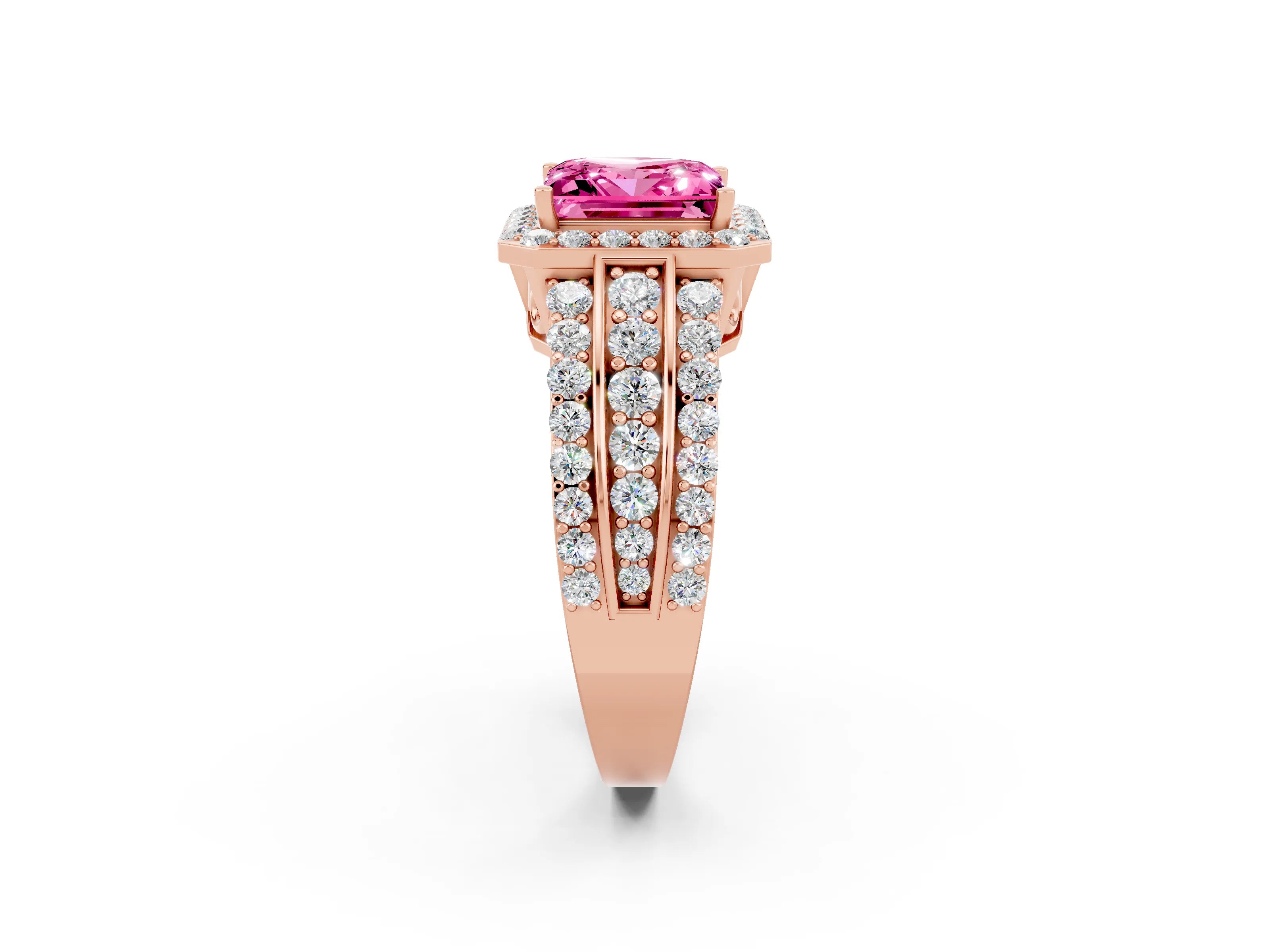 Rose gold Princess Cut Halo Pink Sapphire Ring with Split Shank and Four-Prong Setting_26