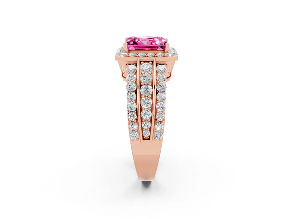 Rose gold Princess Cut Halo Pink Sapphire Ring with Round  Split Shank and Prong Setting