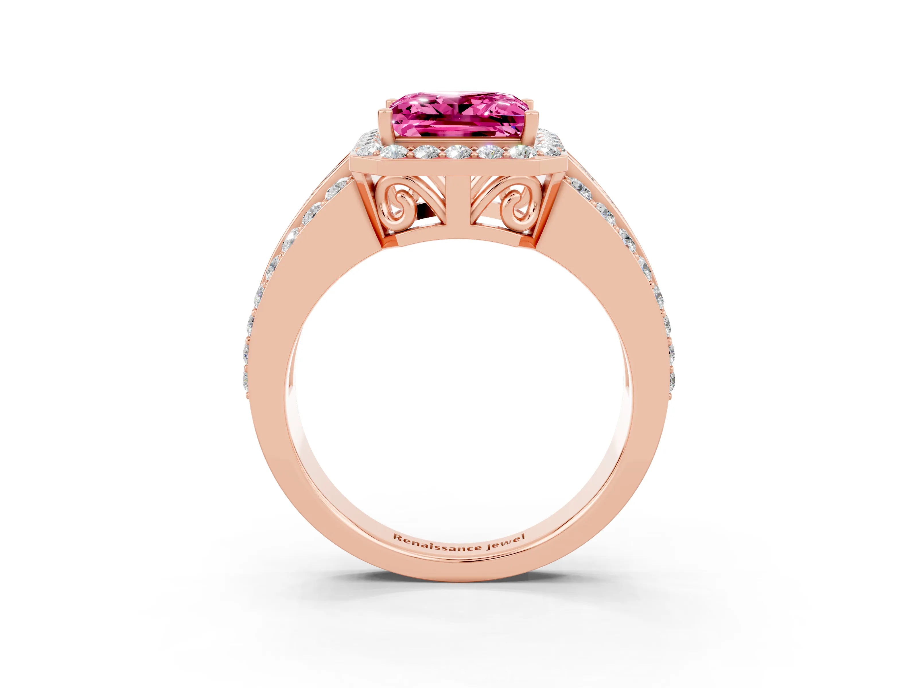 Rose gold Princess Cut Halo Pink Sapphire Ring with Split Shank and Four-Prong Setting_27
