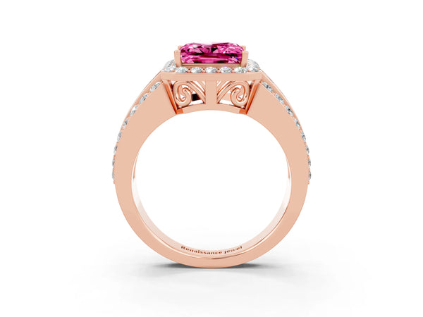 Rose gold Princess Cut Halo Pink Sapphire Ring with Round  Split Shank and Prong Setting