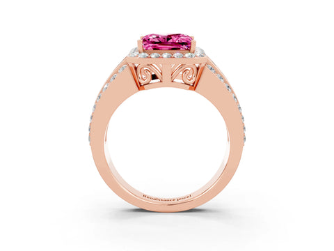 Rose gold Princess Cut Halo Pink Sapphire Ring with Split Shank and Four-Prong Setting_27