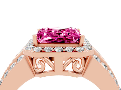 Rose gold Princess Cut Halo Pink Sapphire Ring with Split Shank and Four-Prong Setting_28