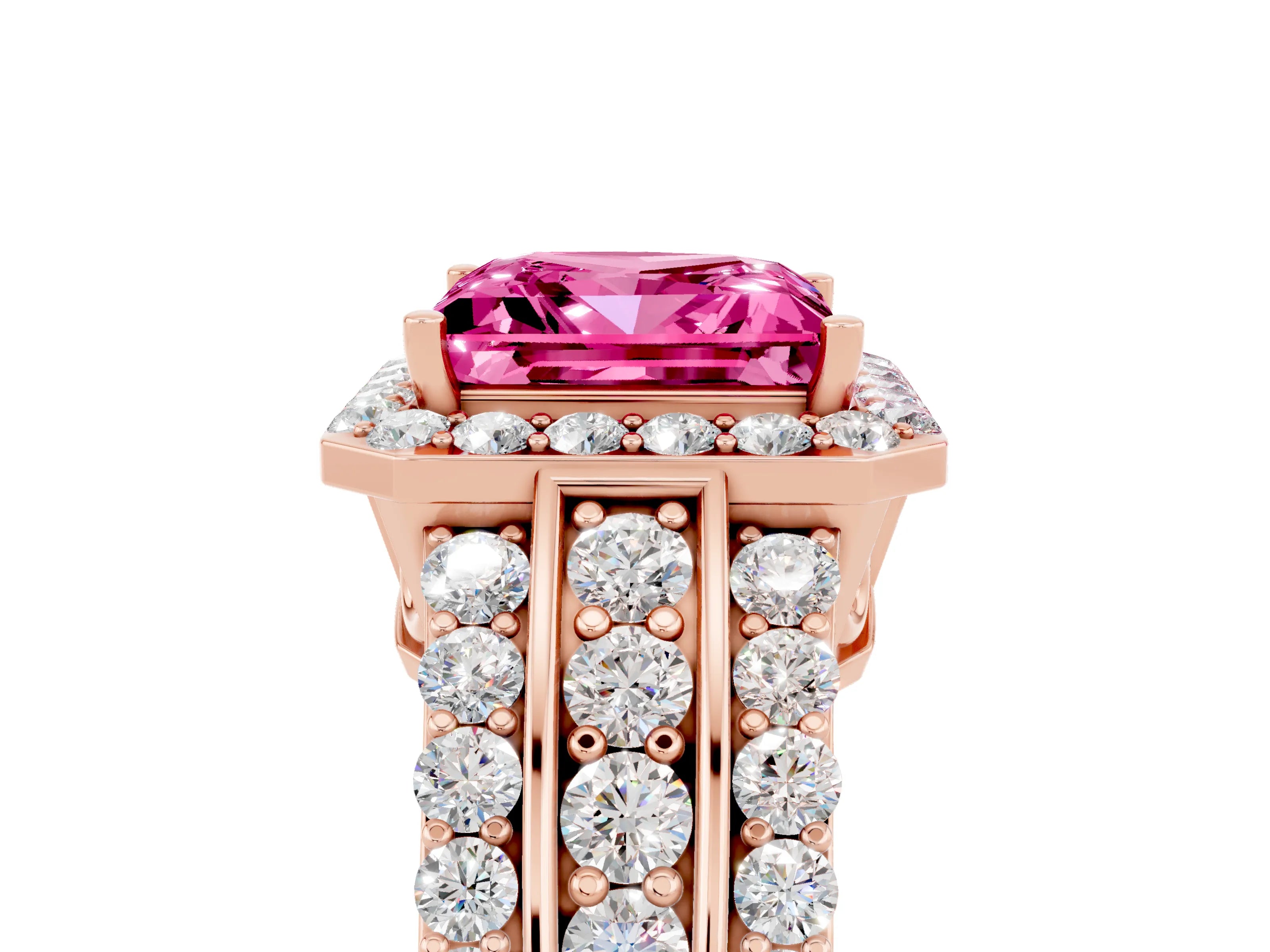 Rose gold Princess Cut Halo Pink Sapphire Ring with Split Shank and Four-Prong Setting_29