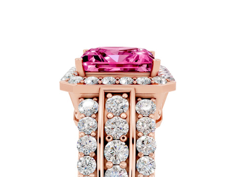 Rose gold Princess Cut Halo Pink Sapphire Ring with Split Shank and Four-Prong Setting_29
