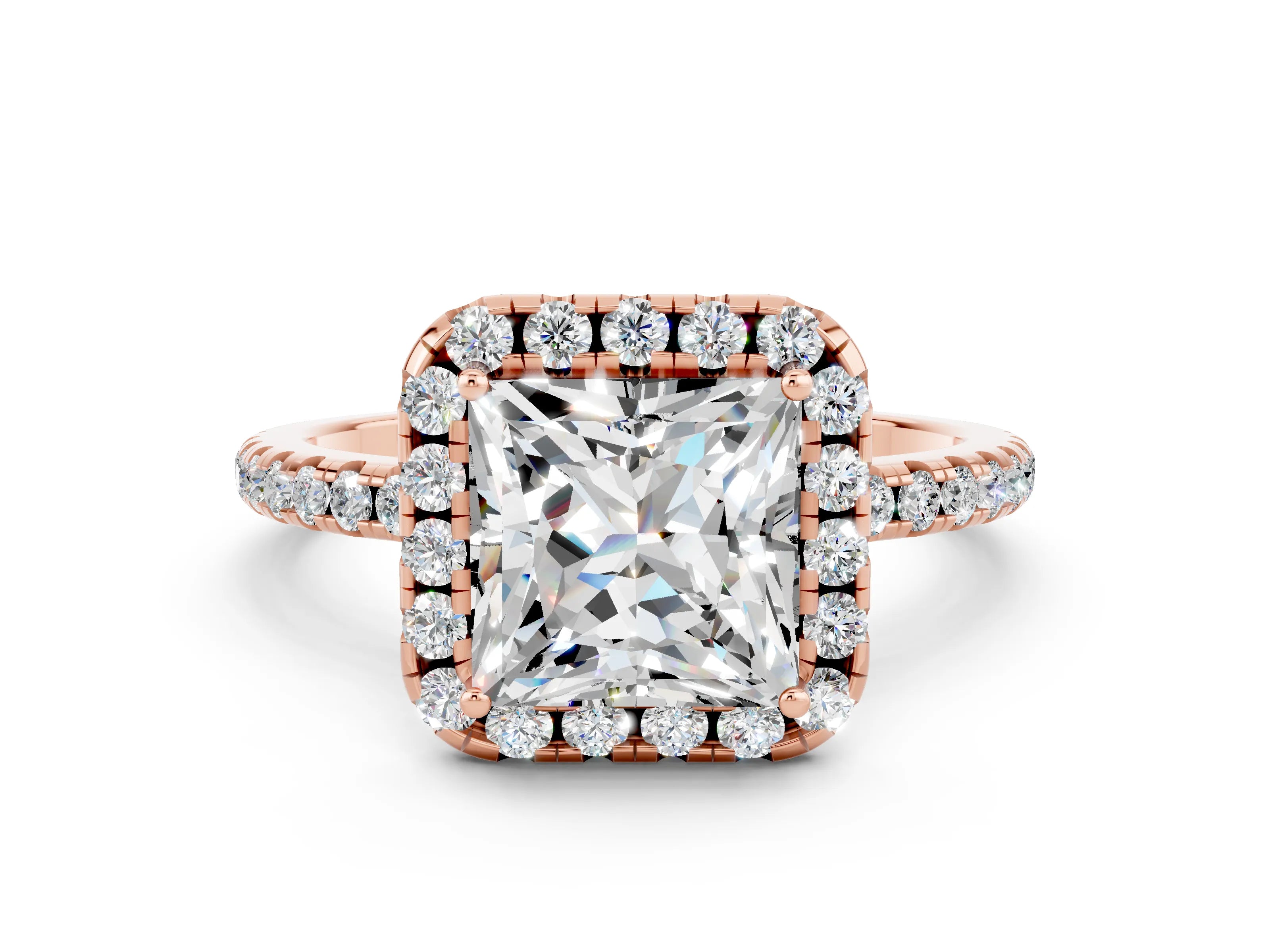 Rose gold Princess Cut Halo Round Diamond Pavé Band Four-Prong Ring