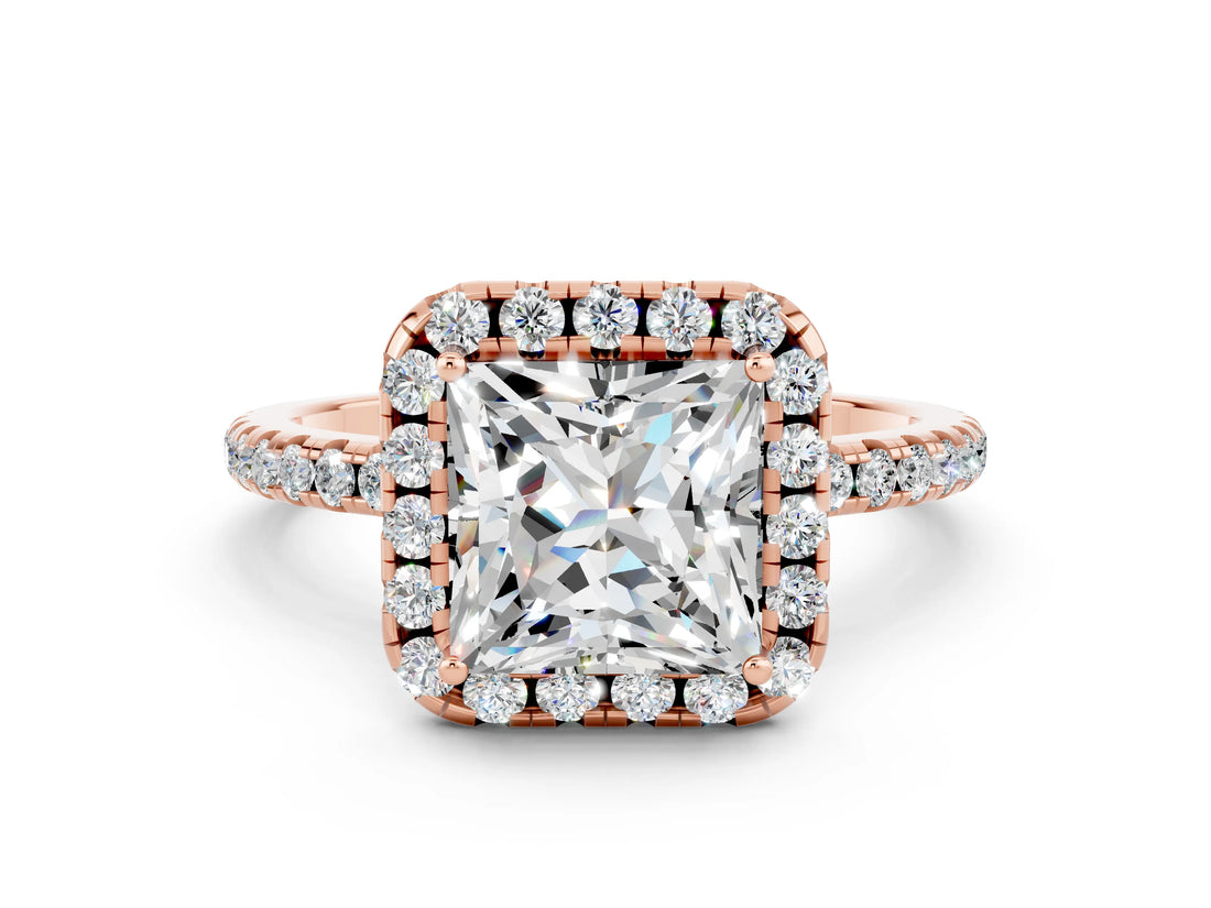 Rose gold Princess Cut Halo Round Diamond Pavé Band Four-Prong Ring