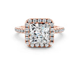 Rose gold Princess Cut Halo Round Diamond Pavé Band Four-Prong Ring