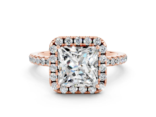 Rose gold Princess Cut Moissanite Halo Ring with Round Pavé Band and Prong Setting