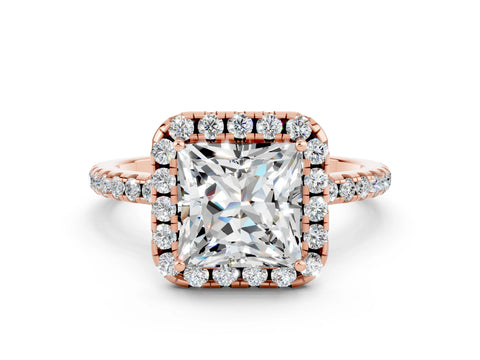 Rose gold Princess Cut Halo Round Diamond Pavé Band Four-Prong Ring